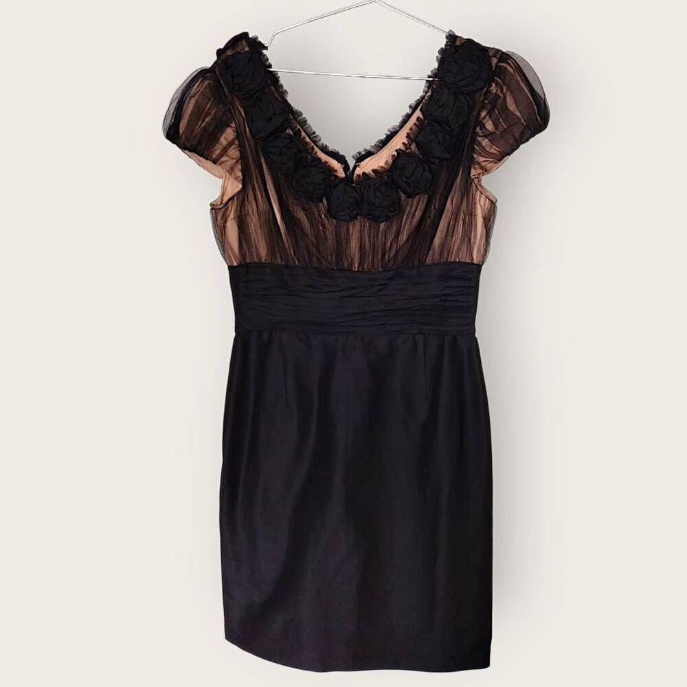 Nue by Shani Black and Nude Midi Dress with Floral Neckline